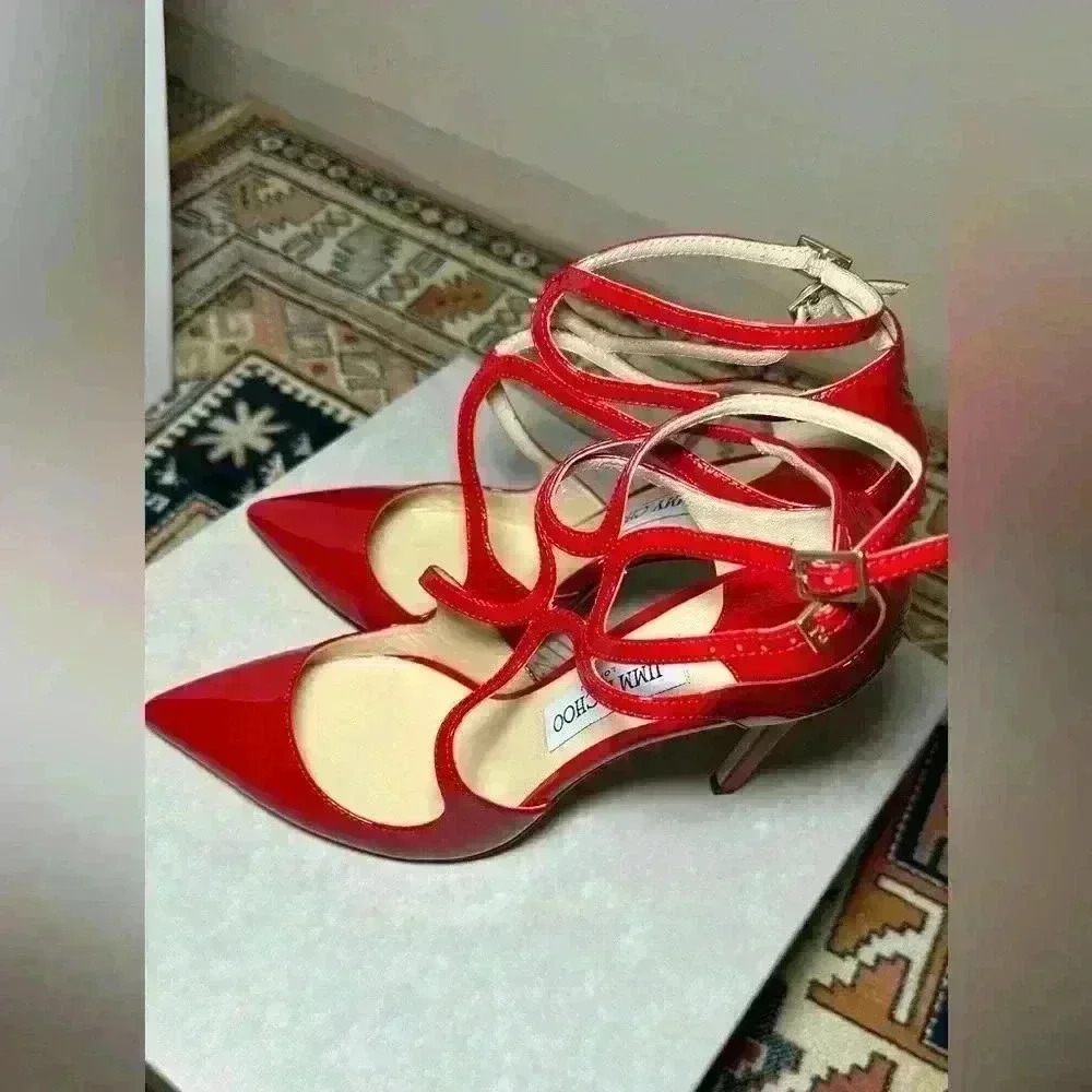 Jimmy Choo - Lancer Stiletto Red Patent Leather Pumps - 38 - Picture 7 of 10